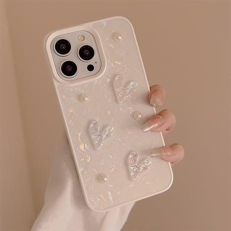 シェル風 iphone15/15proケース  ハート/パールデコ  iphone14pro/13/12promax/11カバー 可愛い 女子力アップ[M4129]