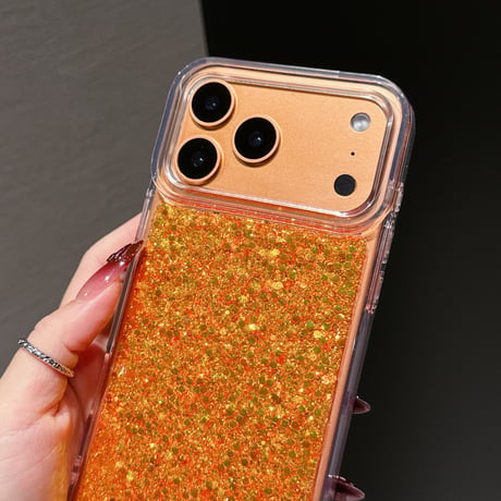 オレンジグリッター iPhone17Pro/17ProMaxケース キラキラ感 iPhone17/16Pro/15カバー オシャレ 艶感  [M5918]