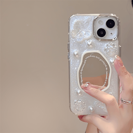 女子力アップ ミラーiPhone15/15proケース パール/蝶デコ iPhone14/13pro/12ケース かわいい きれい[M4357]