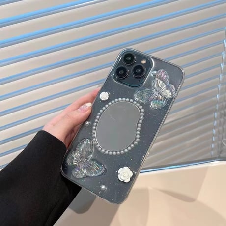 パール鏡付 iPhone15/15proケース  蝶/花 iPhone14pro/13mini/12proカバー 透明 綺麗 女子力アップ[M3990]