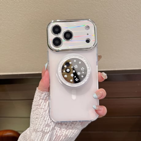 花柄ミラーグリップ iPhone17/17Proケース MagSafe対応 iPhone16Pro/15pro/14ProMaxケース 光る カメラ保護[M6410]