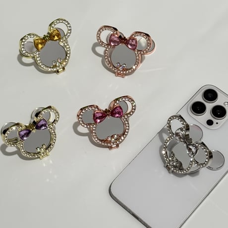 ジュエリーミラースタンド スマホリング キラキラ リボン お洒落 人気 実用便利 可愛いガールズに大人気[M5326]