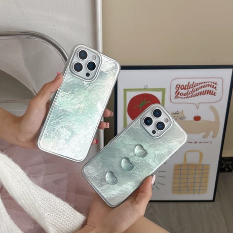 水色 iPhone16pro/16ケース 透明感ハートデコ iPhone15promax/14/13pro/12カバー 大人可愛い オシャレ 夏におすすめ[M5475]