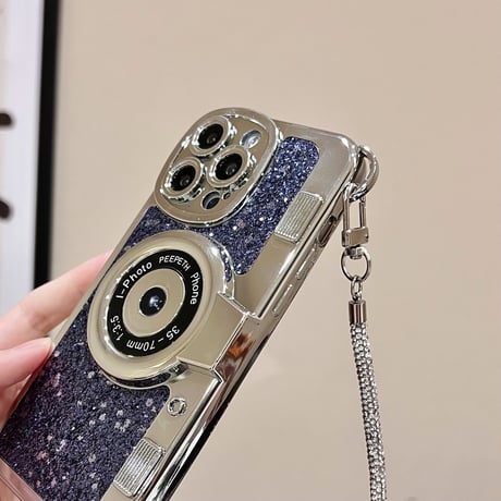 カメラデザイン iPhone15pro/15ケース ジュエリーチェーン iPhone14promax/13/12カバー グリッター入り[M4480]