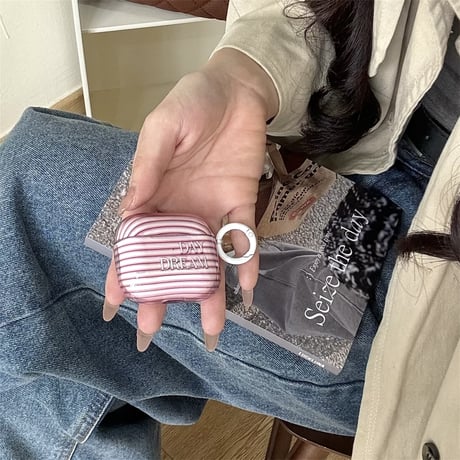 ピンク縞模様 Airpods 4ケース リング付 Airpodspro2/proカバー エアーポッズ第3/2世代 シック 女子力アップ[M5087]