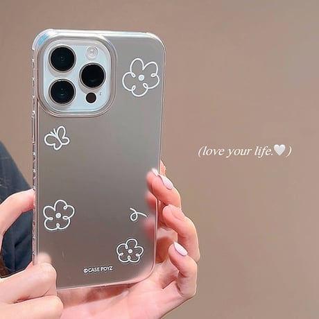 花グリップ iPhone17Pro/16Proケース ストラップ付 iPhone15promax/14/13カバー 高級感 シルバー [M5566]