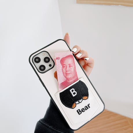 カード収納 iphone14Plus/13promaxケース 刺繡入りクマちゃんiphone12mini/11保護カバー  カップルお揃い 皮製 高品質[M2154]