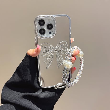 ダイヤリボン/鹿 ミラーiPhone16/16proケース パールジュエリーストラップ付 iPhone15promax/14/13カバー おしゃれ [M5450]