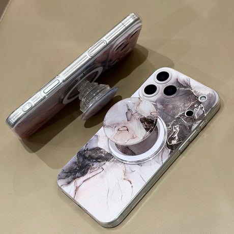 大理石調 iPhone17/17Proケース マグネット式グリップ付 iPhone16Pro/15ProMaxケース 便利なスタンド機能 オシャレ[M6092]