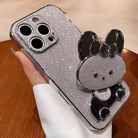 ウサギ鏡兼スタンド iPhone16/16Proケース  キラキラ iPhone15pro/14/13Proカバー 可愛い 多機能 耐衝撃[M4929]
