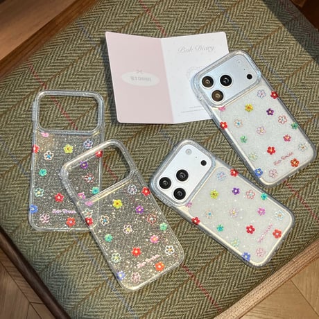 カラー花 iPhone17Pro/17ケース キラキララメ  iPhone17ProMax/16Pro/15カバー 透明感 かわいい[M6225]