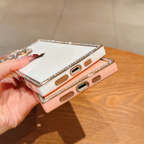 スクエア ダイヤ iPhone16Pro/16ケース ハート柄 iPhone15pro/14/13Proカバー 四角 レンズカバー付[M5321]