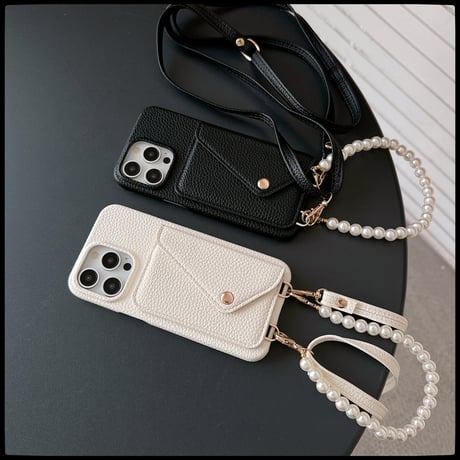 ICカード収納 iPhone15pro/15カバー パールストラップ/革ショルダー付 アイフォンSE/14pro/13プロケース 高品質便利 [M4325]