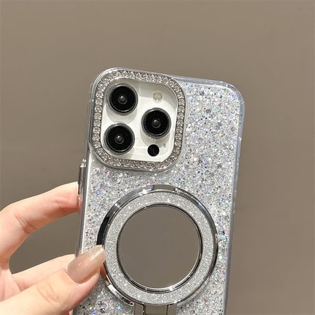 ミラースタンド付 iPhone17/16proケース ジュエリー/ラメ入り iPhone15pro/14/SEカバー  ダイヤストラップ 高級感[M5576]
