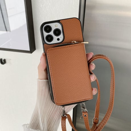 カード入れ iPhone15/14proカバー レザー製 アイフォン13pro/12mini/11proケース 肩掛け長さ調整可ストラップ 高品質 便利 [M3093]