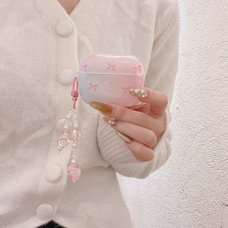 リボン柄 Airpods 4ケース グラデーションカラー ガーリーファッション Airpods3/2カバー Airpodspro2/pro リング/リボンキーチェーン うねうね[M4937]