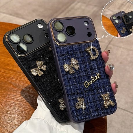 織物 iPhone17Pro/17ケース リボン/熊デコ カメラ保護カバー iPhone17ProMax/16/15カバー 放熱仕様 セレブ愛用 [M5845]