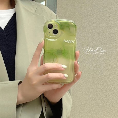 抹茶グリーン暈し染め iPhone13/14カバー Happy高級感 iphone12pro/11ケース  可愛い 透明感 頑丈 波紋枠 落下防止 [M2881]