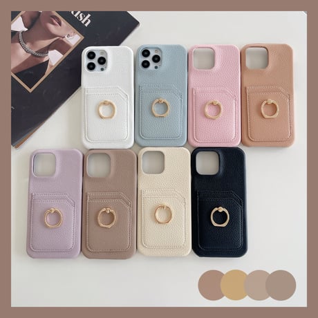 カード入れ2個 アイフォン14pro/14plusカバー リング付き iPhone13mini/12/11proケース レザー製 ハードケース  シンプル 実用 [M2545]