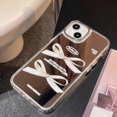 鏡 リボン柄 iphone15/14proケース  キラキラ  iphone13/12/11カバー  可愛い  便利 頑丈[M3823]