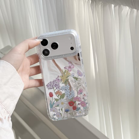 草花柄ミラー iPhone17Pro/17ケース きれい iPhone17Promax/16Pro/15ケース かわいい 光沢感 丈夫[M6192]