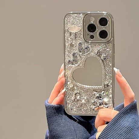 ジュエリーハート鏡 iPhone15/15proケース リキラキラグリッター iPhone14promax/13pro/12ケース かわいい きれい[M4337]