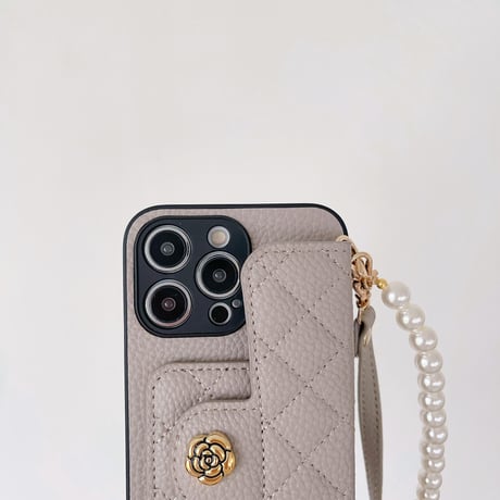 iPhone15/15Proケース ショルダー カード収納 真珠 レザー iPhoneSE第3世代/14Proカバー キルティングデザイン[M3547]