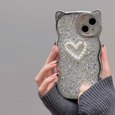 猫の耳 iPhone15/15proケース パールハート グリッター入り iPhone14promax/13pro/12ケース かわいい 大人気 [M4133]