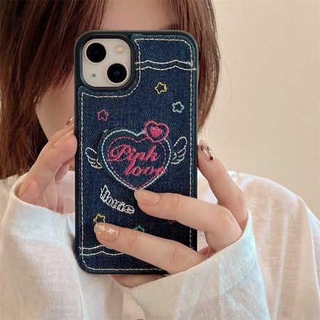 デニム生地 刺繡入り iphone14/14proケース  ハート柄  iphone13/12/11/XRカバー  高品質  高級感 ギフトにおすすめ [M2246]