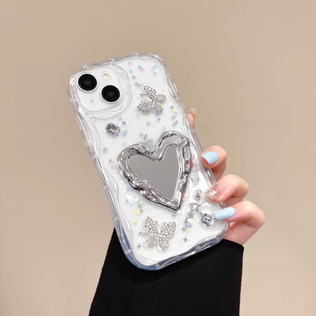 ハートミラー iPhone15/16proケース キラキラ蝶 アイフォン14/13pro/12ケース 女子力アップ うねうね[M4529]