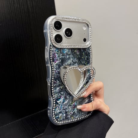 ハート型ミラーリングスタンド iPhone17Pro/17ケース  うねうねジュエリーライン アイフォン16/15proカバー シェル柄[M6260]