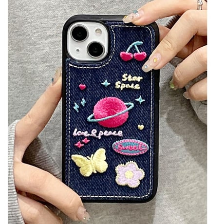 刺繡 星 花 iPhone14/14proカバー  デニム素材  アイフォン13/12/11ケース  可愛い 高品質  高級感  [M2250]