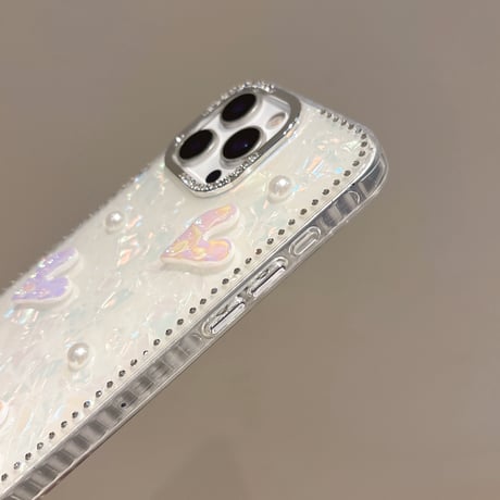 ハートデコ iPhone16pro/16カバー シェル柄 iPhone15pro/14promax/13ケース パール/ジュエリーデコ 上品 大人可愛い [M5314]