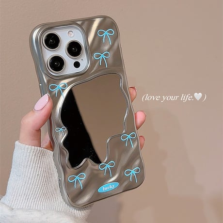 鏡付 iPhone16pro/16ケース ブルーリボン柄 iPhone15pro/14/13promaxカバー ガーリーに人気 メイク直し鏡[M5533]