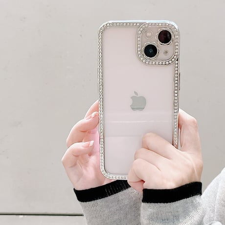 ジュエリー枠 iphone14pro/14plusケース  花のカメラレンズ iphone13/12/11カバー シルバーカラー枠クリアケース[M2331]