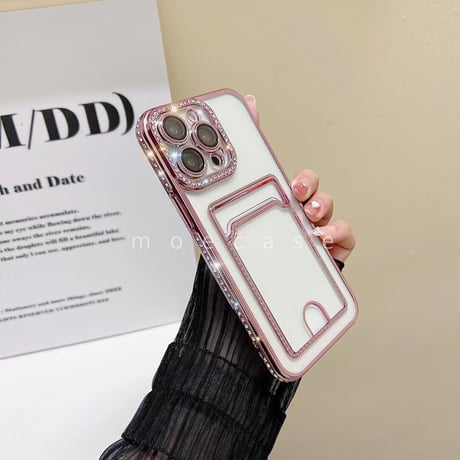 ジュエリー カード入れ iPhone14/15Proケース メッキ透明 アイフォン13/12/11カバー カメラレンズフイルム付き 綺麗 お洒落[M2733]