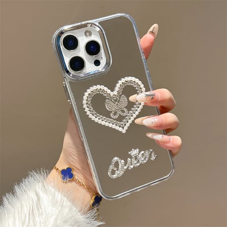 パールハート ミラー iPhone17Pro/17ケース ジュエリーデコ iPhone16Pro/15Pro/14カバー 綺麗 ストラップ オシャレ [M6027]