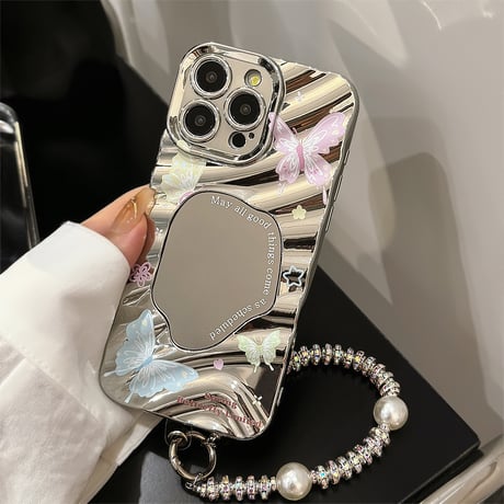 ジュエリーストラップ iPhone15pro/15ケース 鏡付き蝶柄 アイフォン14pro/13promax/12カバー 可愛い 女子力アップ[M4316]