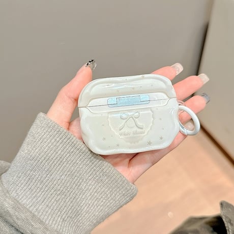可愛いリボンデコ AirpodsPro3/４ケース  ウェーブ型 Airpods3/Pro2ケース おしゃれ ホワイト 女子力アップ  [M5752]