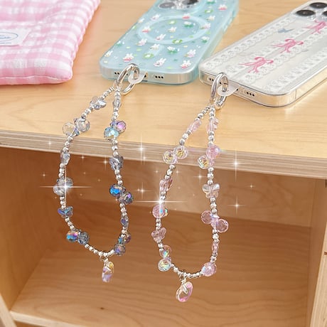 クリスタルストラップ 蝶/ハート 女子力アップ ショートストラップ キラキラ かわいい 取り付け外し簡単[M5225]