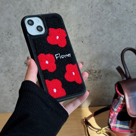 レッド花柄 iphone16/16proケース  刺繡入り iphone15pro/14/13/12カバー 秋冬人気アイテム シック[M3601]