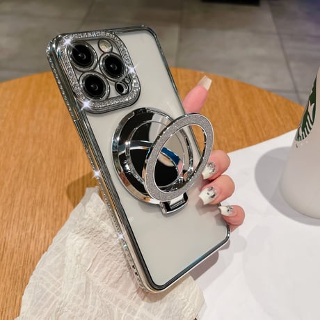 鏡MagSageリングスタンド iPhone15pro/15promaxケース ジュエリーキラキラiphone14/13/12proケース クリア コスパ最強[M4075]