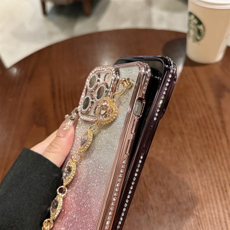 ビジュー iPhone16/16proケース ハートダイヤチェーン iPhone14Pro/13/12proカバー キラキラ 女子力高い [M4634]