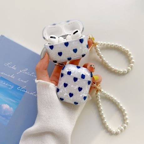 ハート柄 airpodsproケース  貝殻紋 真珠ストラップ付 エアポッツカバー   かわいい  ガールズに人気 M996