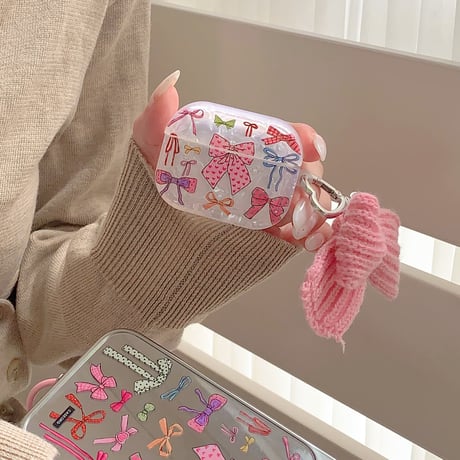 リボン柄 AirpodsPro3ケース ニットリボンキーホルダー付き Airpods4/3/Pro2ケース  女子力高い  可愛いギフト[M5758]