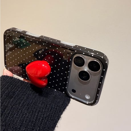 レッドハートスタンド iPhone17Pro/17ケース 水玉模様 iPhone17ProMax/16Pro/15カバー 可愛すぎ [M6038]