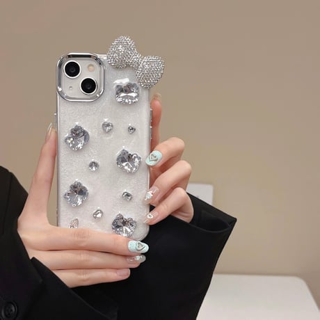 ダイヤリボン iPhone16/16proケース キラキラ iPhone15pro/14/13pro/12ケース ホワイト  きれい[M4647]