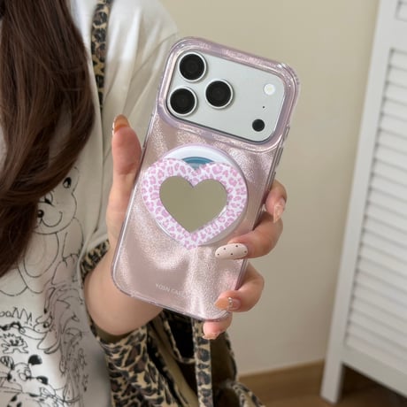 豹柄ハート型ミラーグリップ iPhone17Pro/17ケース MagSafe対応 iPhone16Pro/15ケース 光沢感  オシャレ [M6332]
