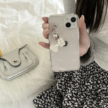 女子力アップ iPhone15/15proケース パールリボンチャーム iPhone14/13pro/12proクリアケース かわいい きれい[M4361]