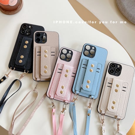 icカード入れ2個 iphone14/14proケース リベットベルト レザー 紐付き アイフォン13/12/11カバー 高級感 スタンド付 [M2210]